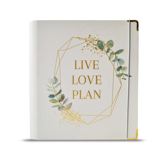 "Live Love Plan” Ringordner mit goldenen Applikationen & Gummiband | 2 D-Ringe | A4 | 4,5cm breit