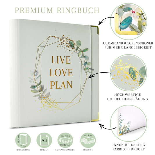 "Live Love Plan” Ringordner mit goldenen Applikationen & Gummiband | 2 D-Ringe | A4 | 4,5cm breit