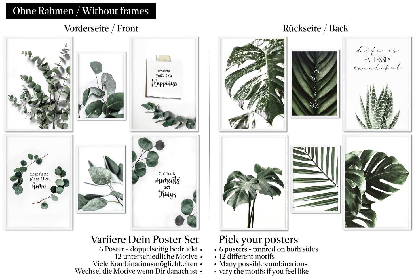 » Eukalyptus & Monstera Pflanzen « Poster Set als Wohnzimmer Deko | 4x A3 + 2x A4 Wandbilder Collage | ohne Rahmen