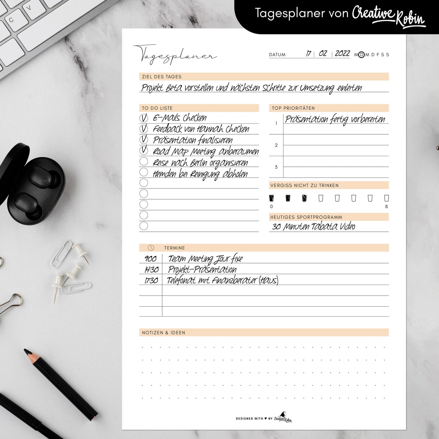 Tagesplaner & To-Do Liste orange • DIN A4 Block mit 50 Blättern • CreativeRobin