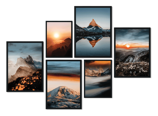 » Bergpanorama mit Sonnenuntergang « Poster Set als Wohnzimmer Deko | 4x A3 + 2x A4 Wandbilder Collage | ohne Rahmen