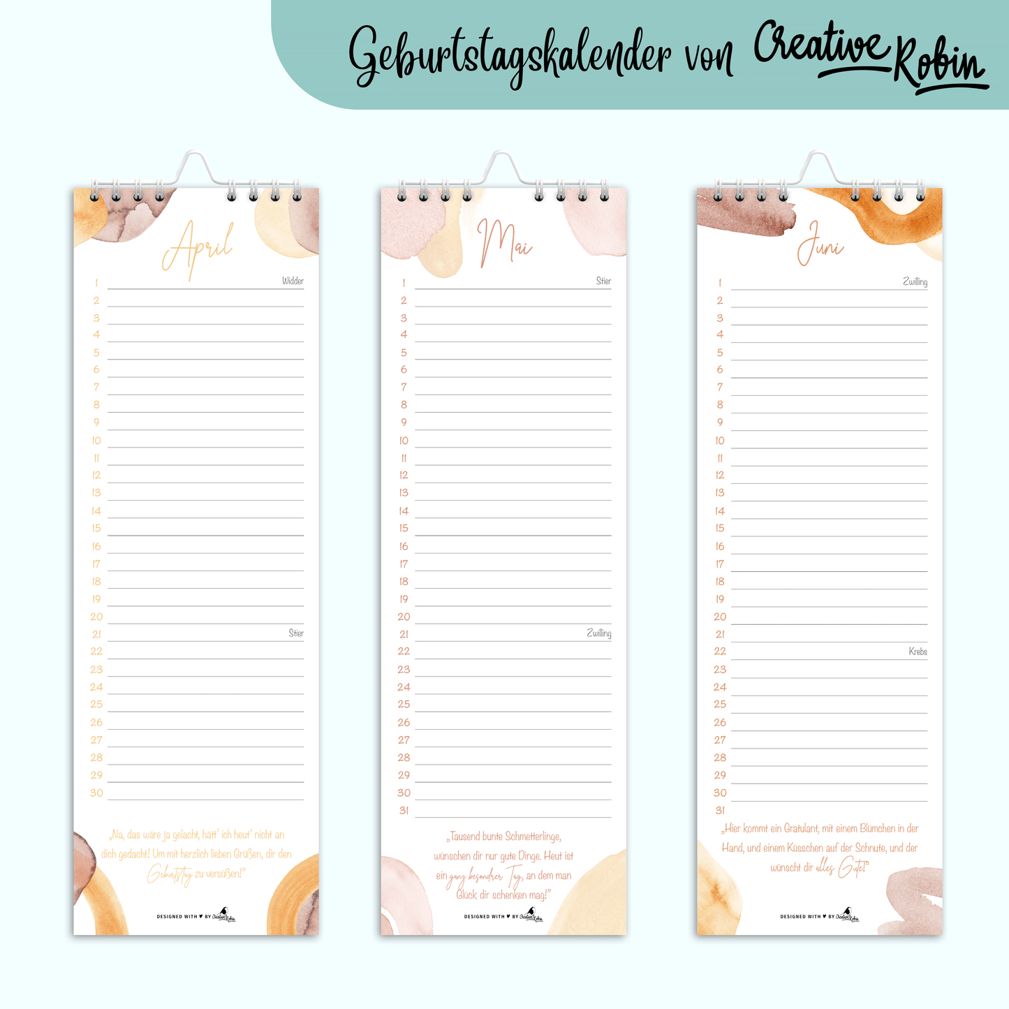 Geburtstagskalender immerwährend mit Geburtstagsgrüßen • Jahresunabhängiger Wandkalender • Vergiss keinen Geburtstag mehr