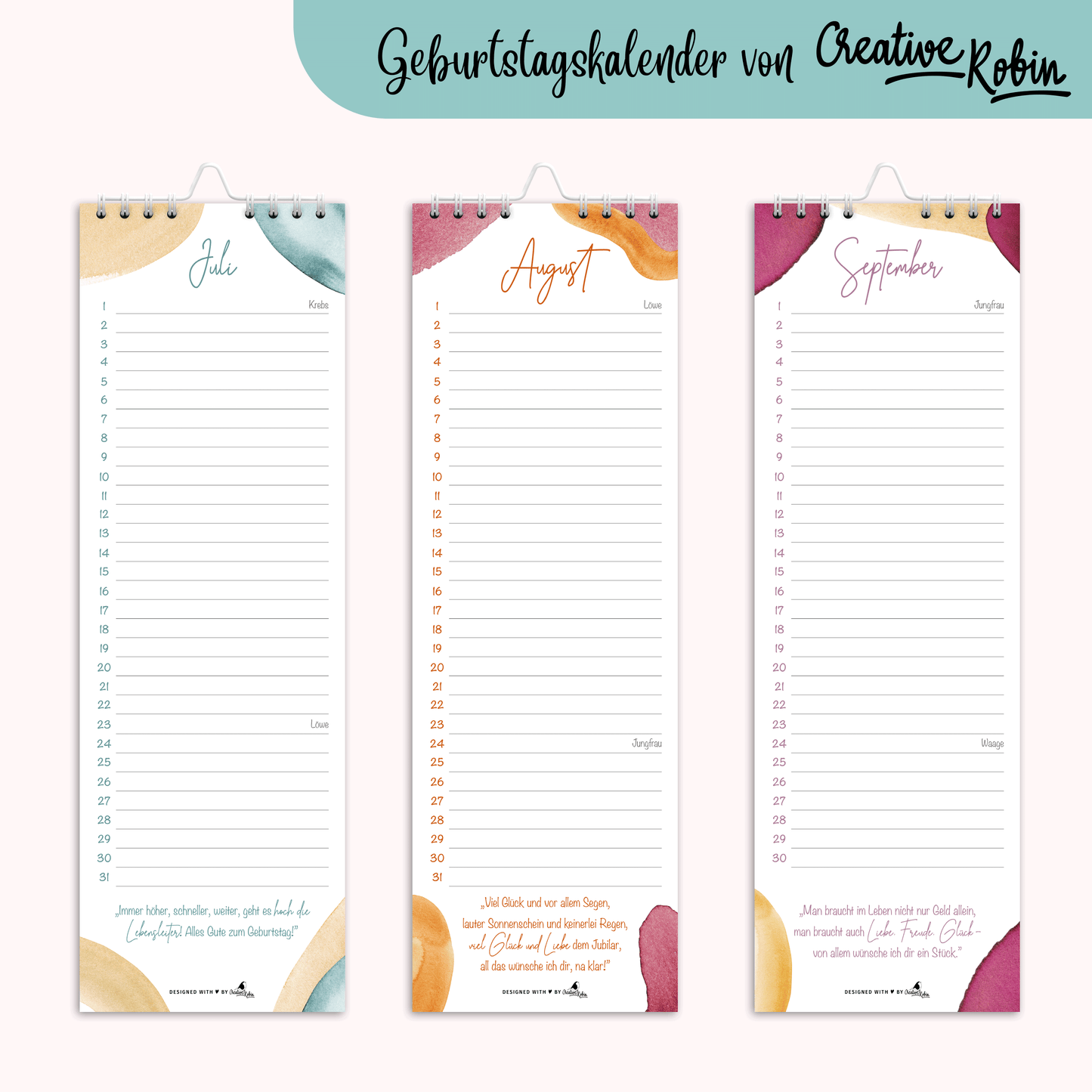 Geburtstagskalender immerwährend mit Geburtstagsgrüßen • Jahresunabhängiger Wandkalender • Vergiss keinen Geburtstag mehr